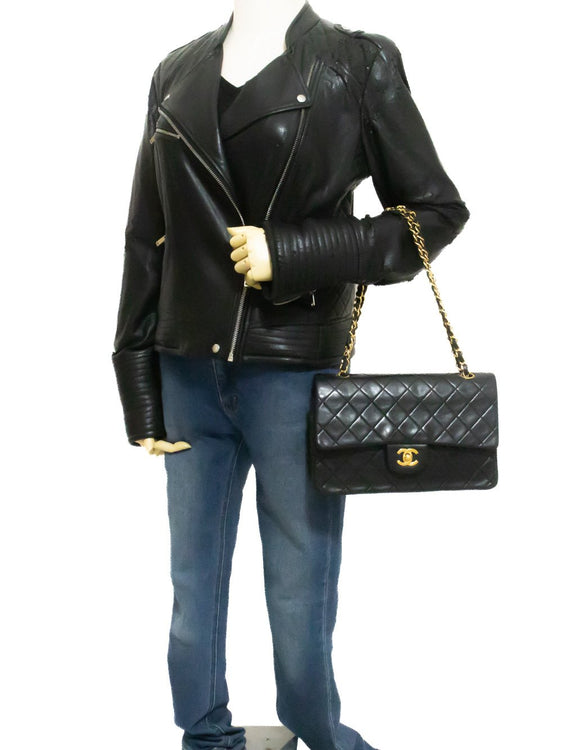 CHANEL Classic Double Flap 10" Chain Shoulder Bag Black Lambskin am2 hannari-shop
