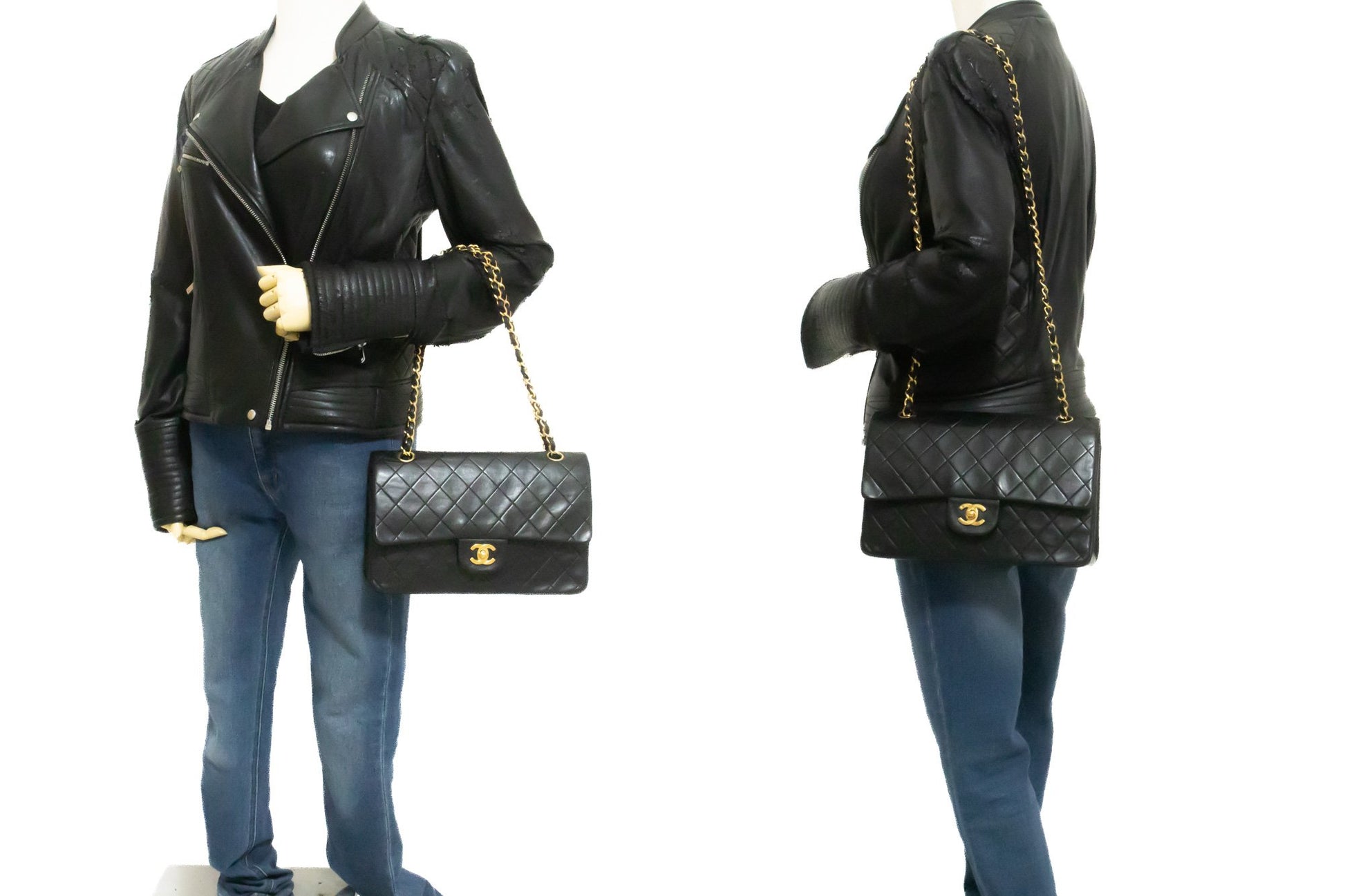 CHANEL Classic Double Flap 10" ketting schoudertas zwart lamsleer ak8 hannari-shop