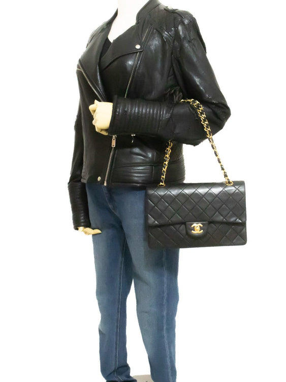 CHANEL Classic Double Flap 10" Chain Shoulder Bag Black Lambskin ao6 — on mannequin hannari-shop