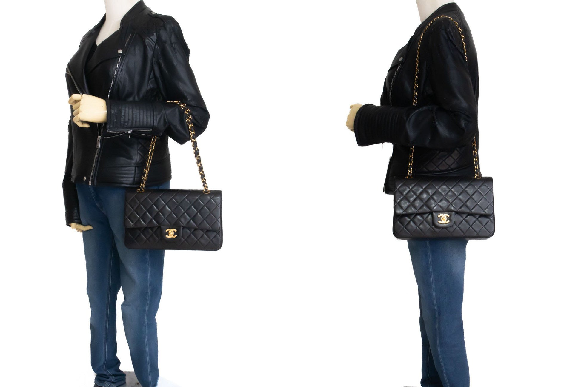 CHANEL Classic Double Flap 10" Chain Shoulder Bag Black Lambskin ak4 hannari-shop