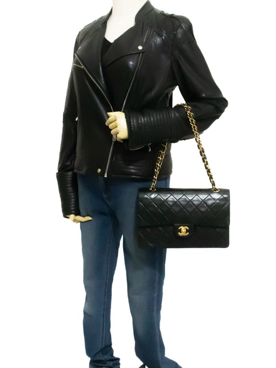CHANEL Classic Double Flap 10" Chain Shoulder Bag Black Lambskin ak9 hannari-shop