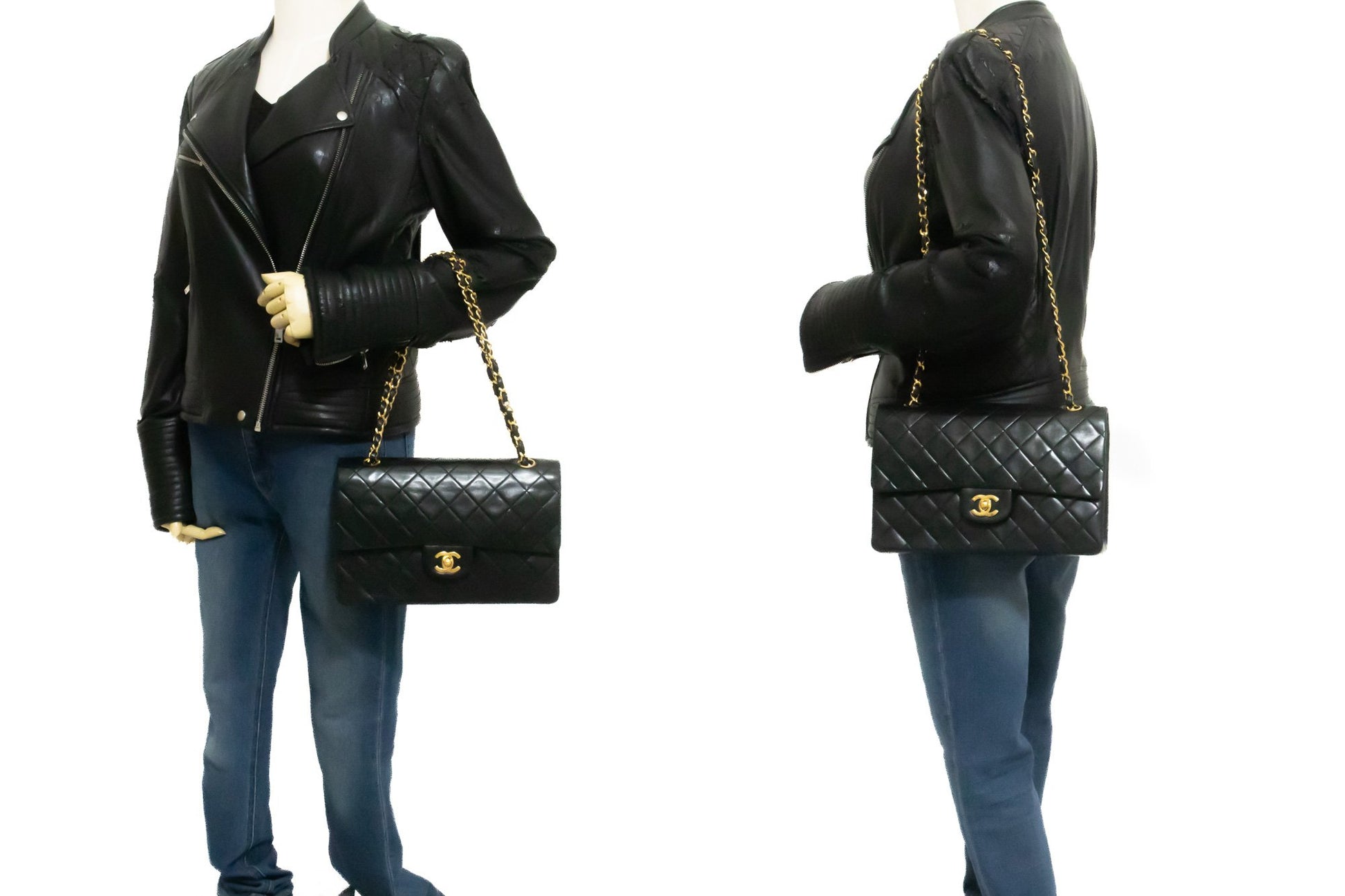 CHANEL Classic Double Flap 10" kæde skuldertaske i sort lammeskind ak9 hannari-shop