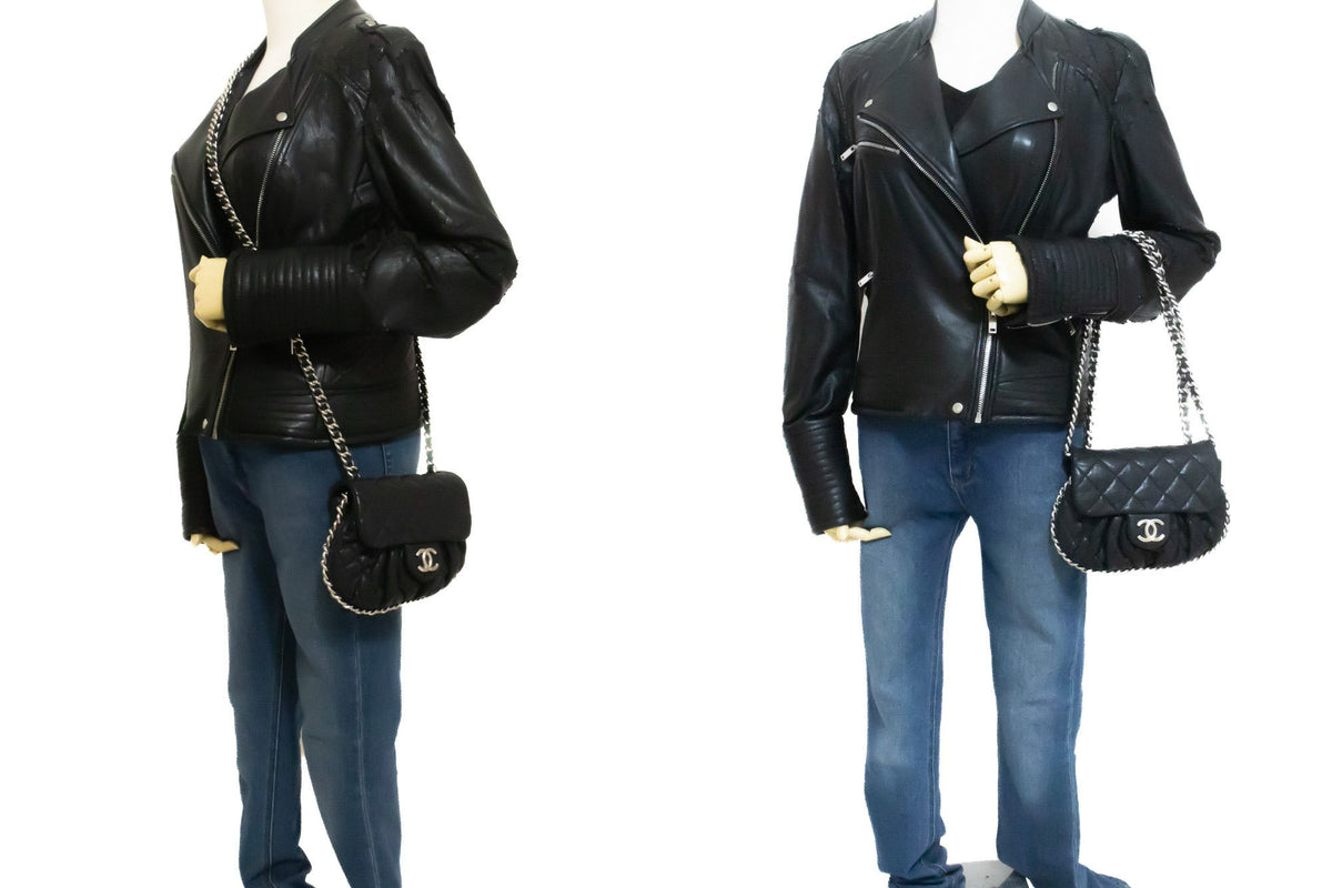 CHANEL Chain Around Small Shoulder Bag Crossbody Black Calfskin ap7 — on mannequin hannari-shop