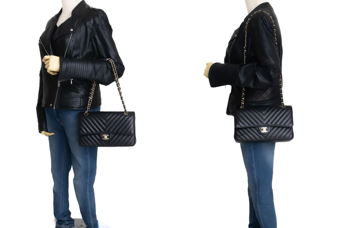 CHANEL V-Stitch Double Flap 10" Chain Shoulder Bag Black Lambskin ai5 hannari-shop