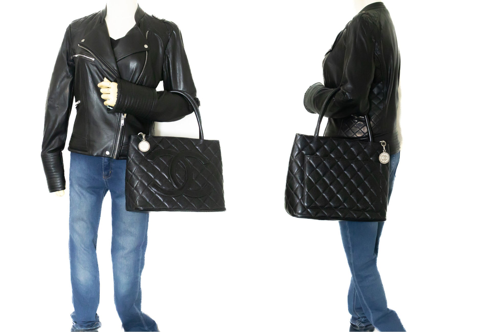 CHANEL Schultertasche aus silberner Medaillon-Caviar-Leder, Einkaufstasche, Schwarz, SV n42 hannari-shop