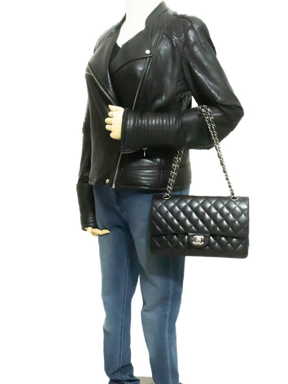 CHANEL Classic Double Flap 10" Chain Shoulder Bag Black Lambskin am6 hannari-shop