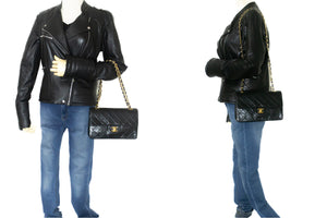 CHANEL Classic Double Flap 9" Chain Shoulder Bag Black Lambskin n02 hannari-shop