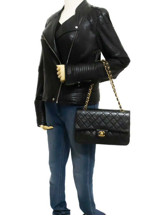 CHANEL Classic Double Flap 10" Chain Shoulder Bag Black Lambskin ak7 hannari-shop
