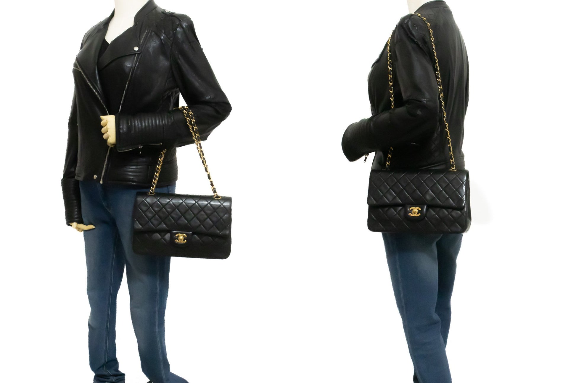 Sac à bandoulière CHANEL Classic Double Flap 10" en chaîne, noir, en agneau, ak7 hannari-shop