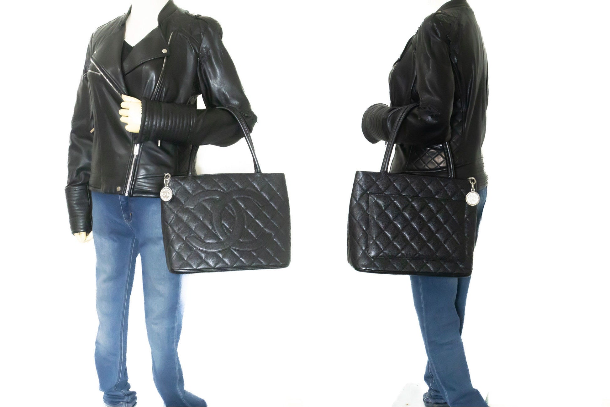 CHANEL Silver Medallion Schoudertas van Gegranuleerd Kalfsleer p80 hannari-shop
