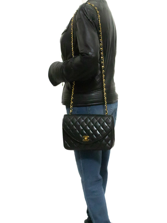 CHANEL Half Moon Chain Shoulder Bag Crossbody Black Quilted Flap an3 hannari-shop