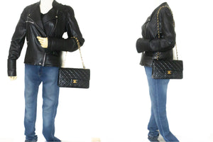 CHANEL Classic Double Flap 9" Chain Shoulder Bag Black Lambskin p68 hannari-shop