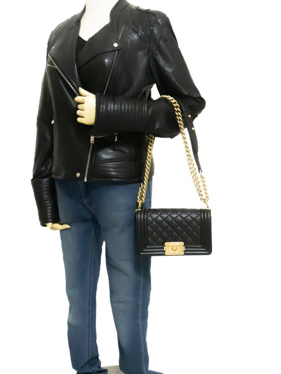 CHANEL Boy Chain Shoulder Bag Black Quilted Flap Lambskin Gold an6 hannari-shop