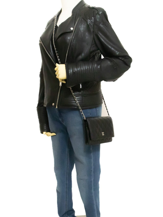 CHANEL Black Classic Wallet On Chain WOC Shoulder Bag Lambskin ap5 — on mannequin hannari-shop