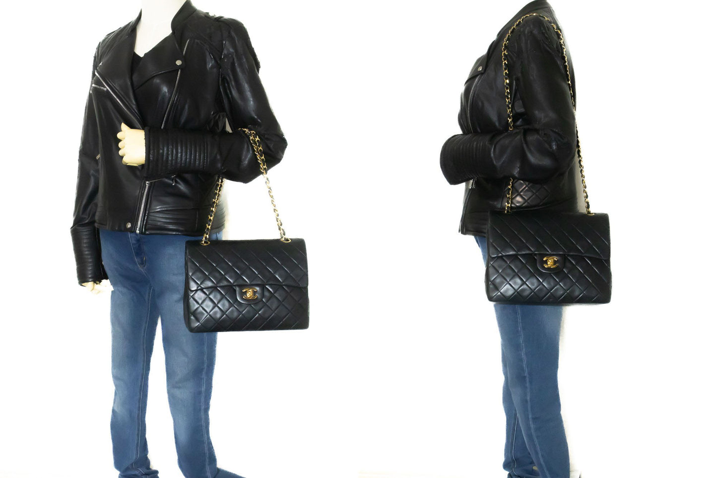 Sac à bandoulière carré CHANEL Classic Double Flap en agneau noir ad1 hannari-shop
