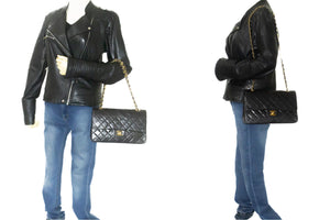 CHANEL Classic Double Flap 10" Chain Shoulder Bag Black Lambskin n99 hannari-shop