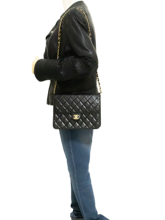 CHANEL Small Chain Shoulder Bag Clutch Black Quilted Flap Lambskin ap4 — on mannequin hannari-shop