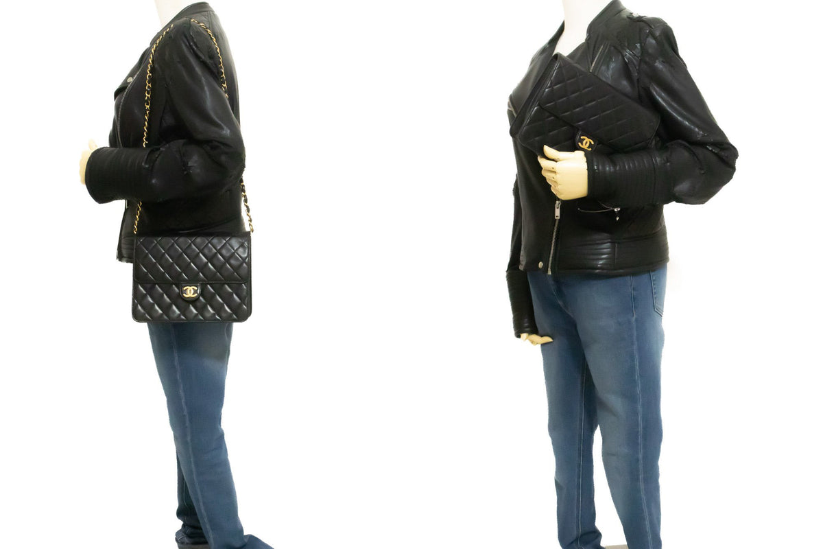 CHANEL Small Chain Shoulder Bag Clutch Black Quilted Flap Lambskin ap4 — on mannequin hannari-shop