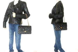 CHANEL Classic Double Flap 10" Chain Shoulder Bag Black Lambskin p64 hannari-shop