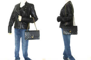CHANEL Classic Double Flap 10" Chain Shoulder Bag Black Lambskin p61 hannari-shop
