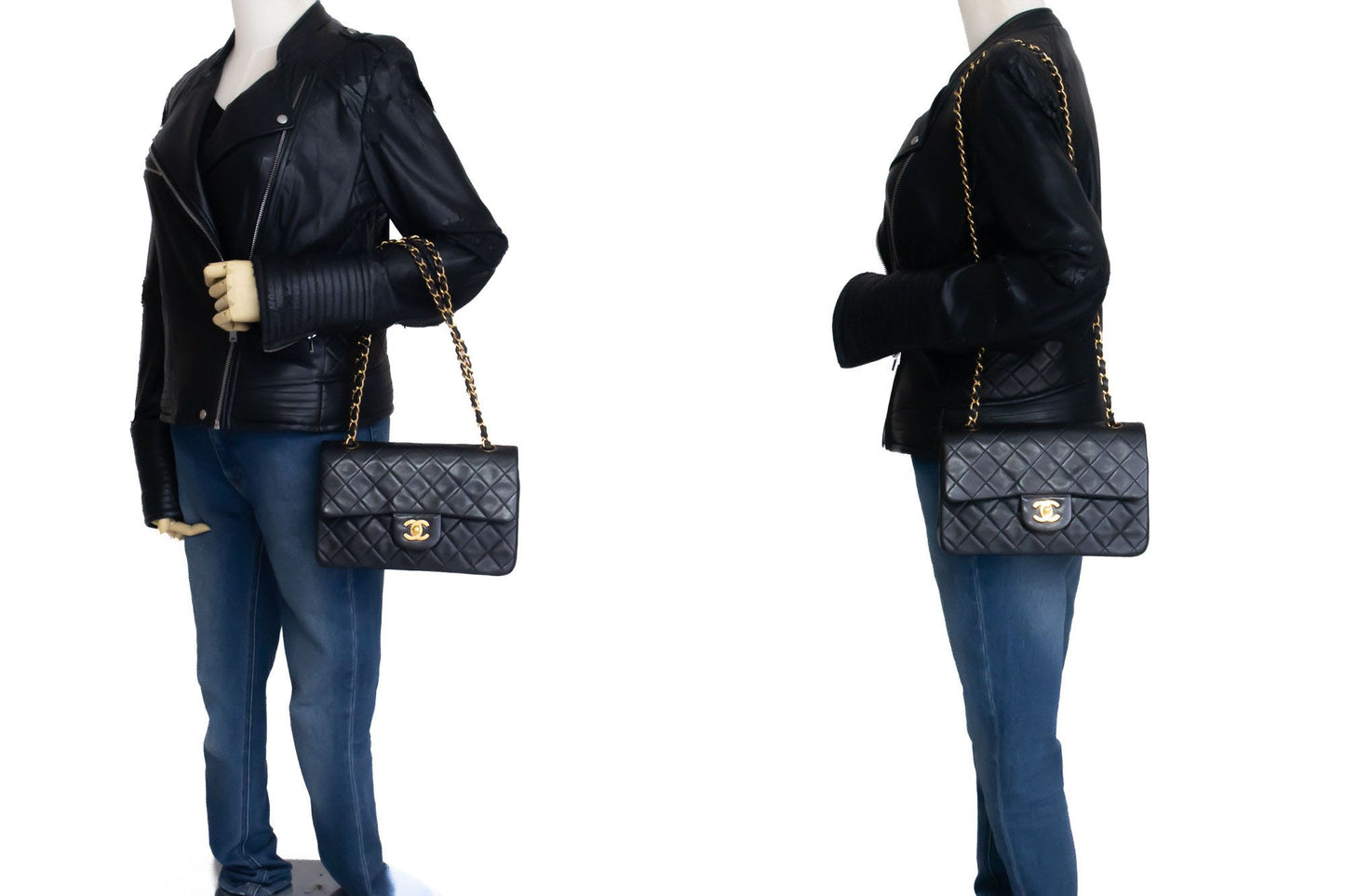 CHANEL Classic Double Flap 9" Chain Schultertasche Schwarz Lammleder ah3 hannari-shop