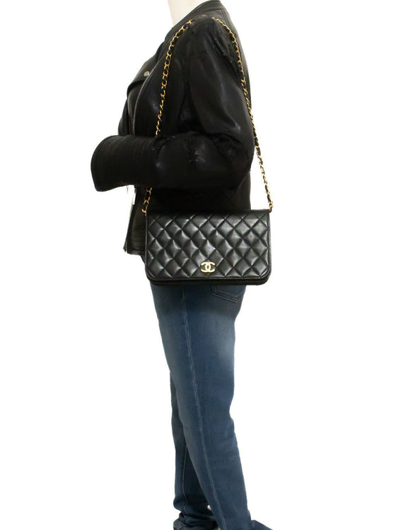 CHANEL Full Flap Chain Shoulder Bag Clutch Black Quilted Lambskin ao5 — on mannequin hannari-shop