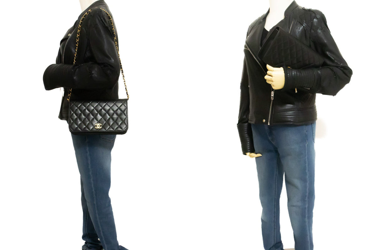 CHANEL Full Flap Chain Shoulder Bag Clutch Black Quilted Lambskin ao5 — on mannequin hannari-shop