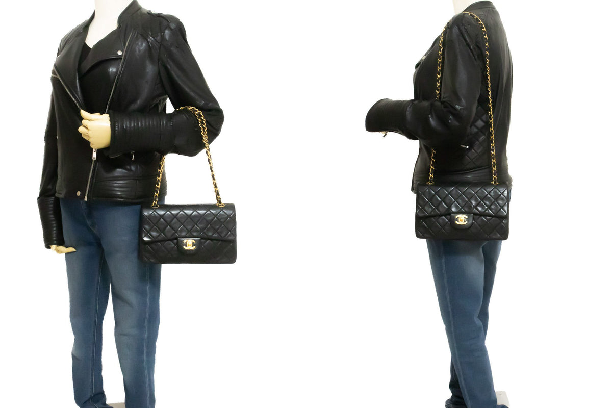 CHANEL Classic Double Flap 9" Chain Shoulder Bag Black Lambskin ap2 — on mannequin hannari-shop
