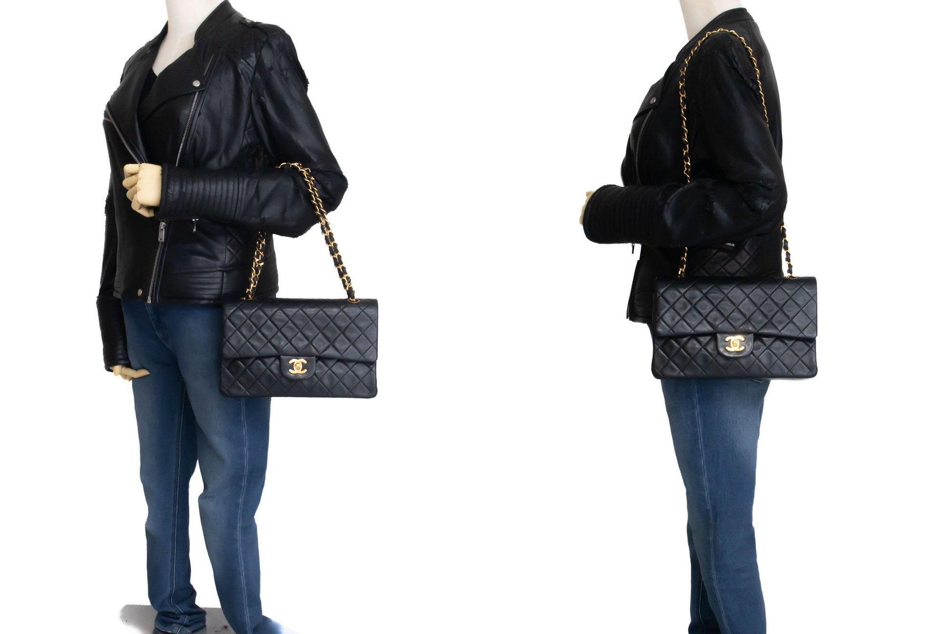 CHANEL Classic Double Flap 10" Chain Shoulder Bag Black Lambskin ak3 hannari-shop