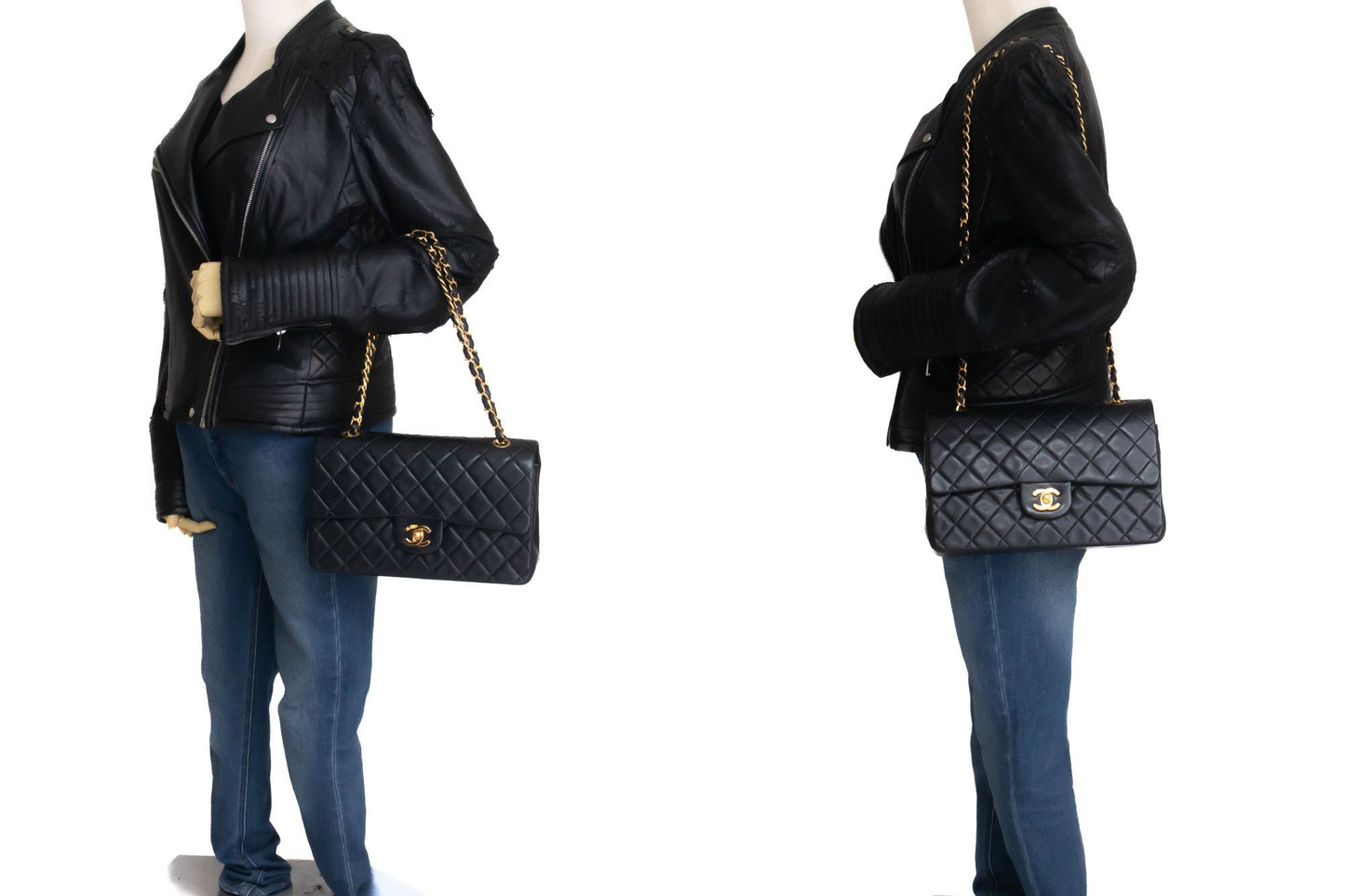 CHANEL Classic Double Flap 10" Chain Shoulder Bag Black Lambskin aj8 hannari-shop