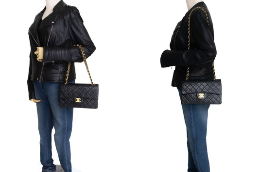 CHANEL Classic Double Flap 9" Chain Shoulder Bag Black Lambskin aj7 hannari-shop