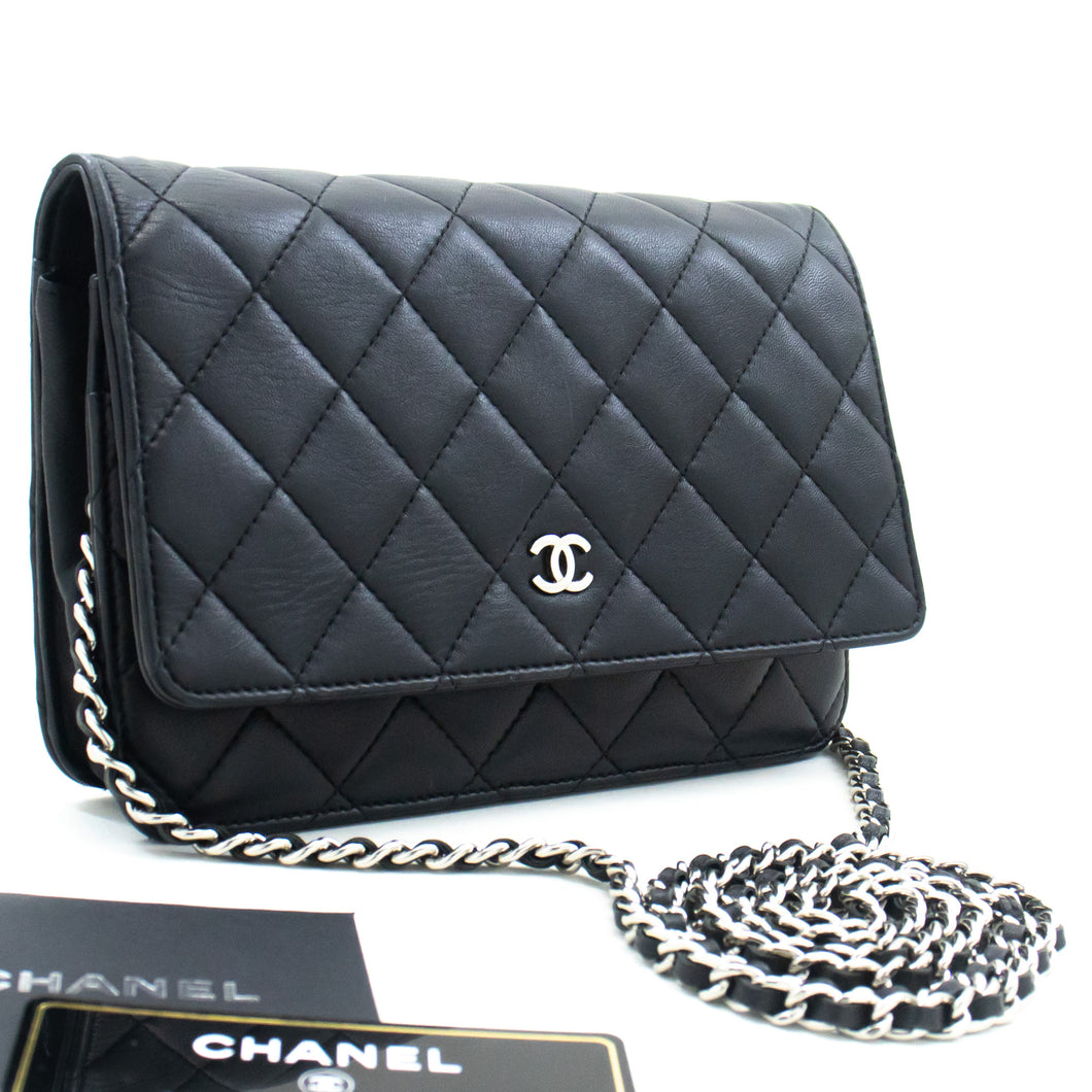 CHANEL Black Classic Wallet On Chain WOC Shoulder Bag Lambskin SV m27 hannari-shop