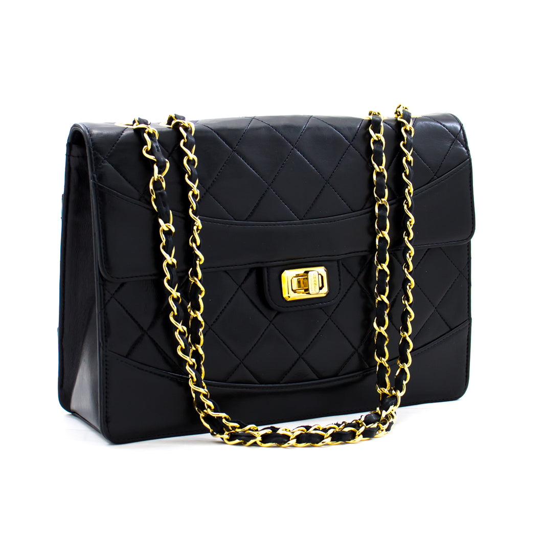 CHANEL Vintage Classic Chain Shoulder Bag Black Quilted Flap Lamb c20 hannari-shop