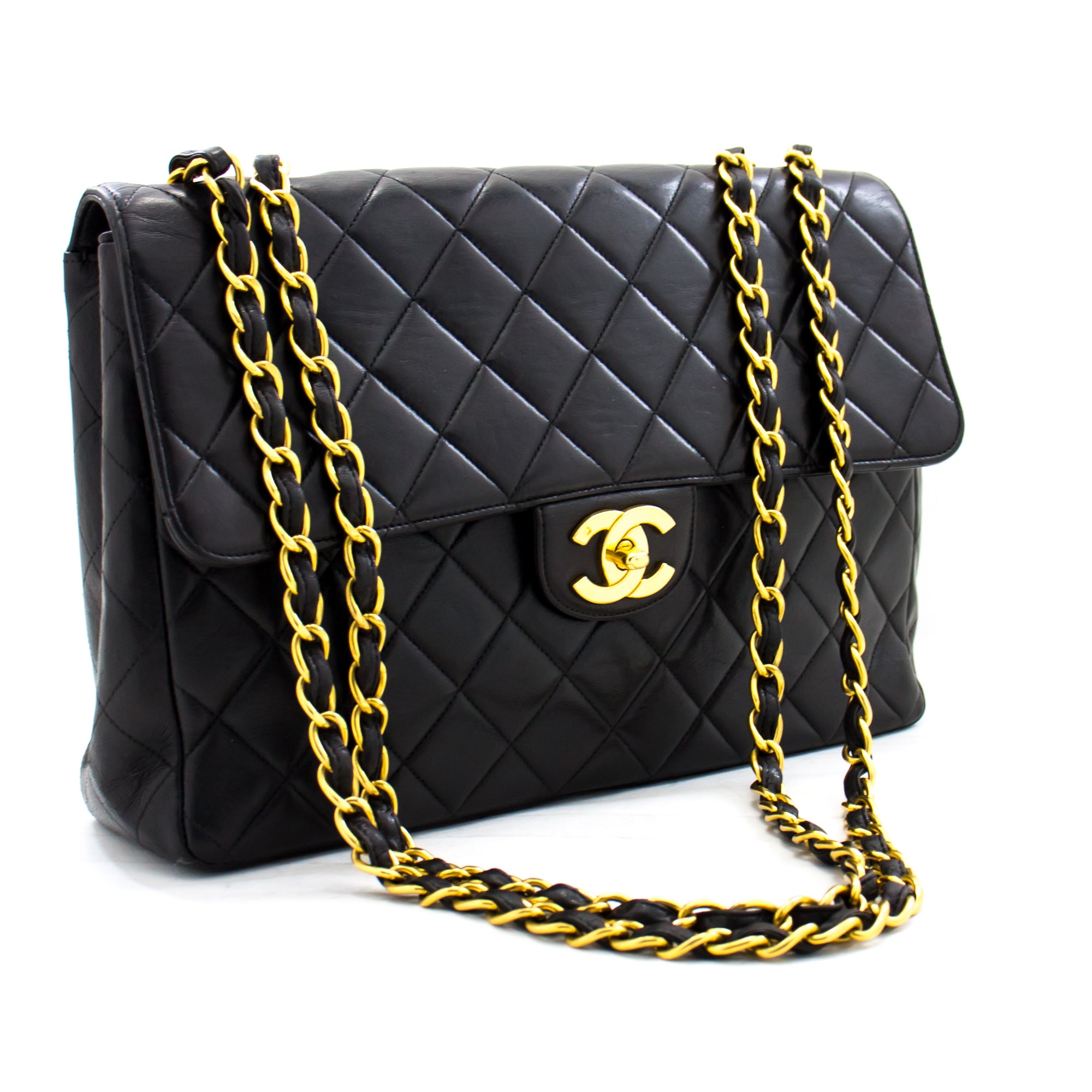Authentic CHANEL Double Flap Black Quilted Leather Gold Chain Shoulder Bag