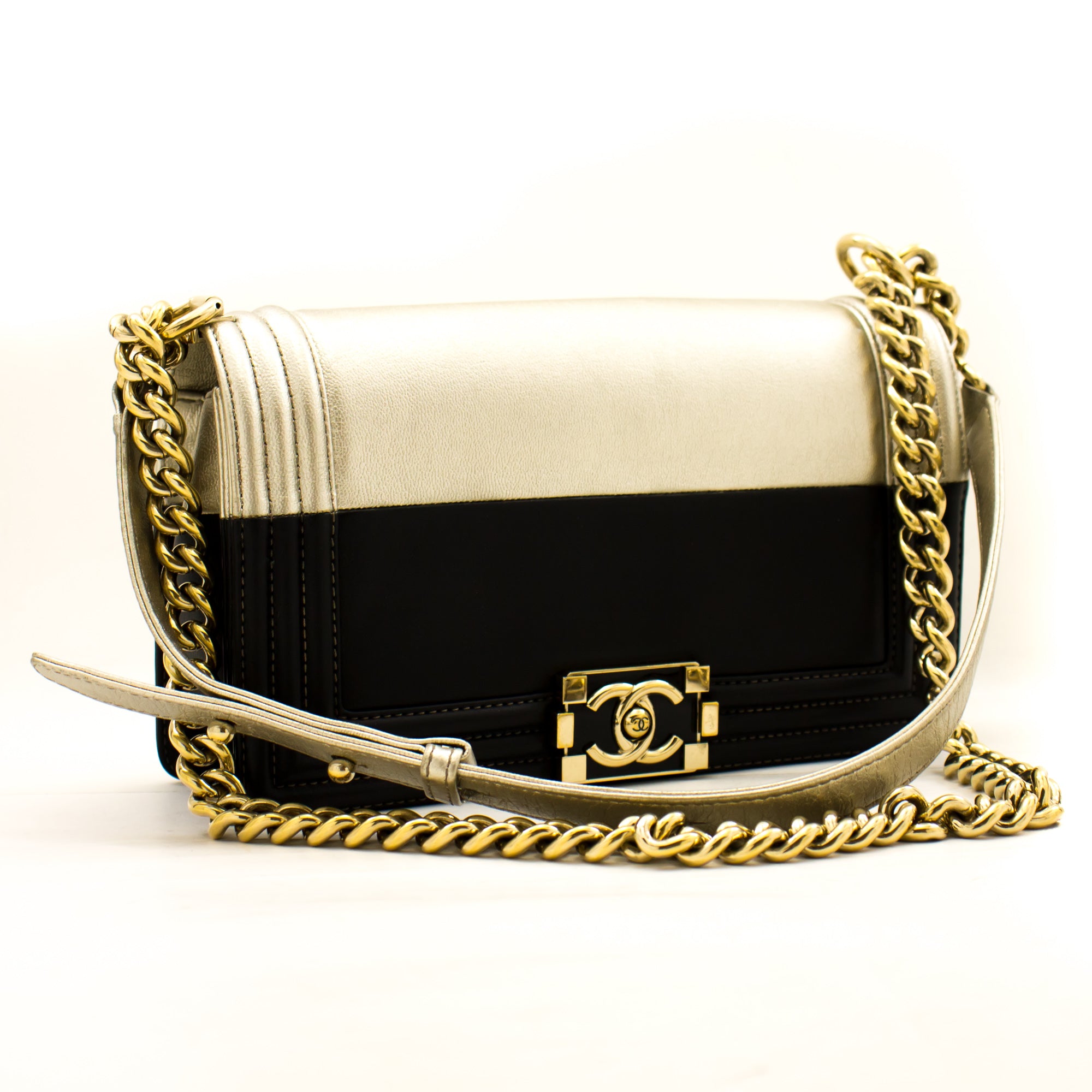 CHANEL Bicolor Medium Boy Flap Chain Shoulder Bag Black Gold a26 –  hannari-shop