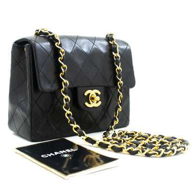 CHANEL Mini Square Small Chain Shoulder Bag Crossbody Black Lamb m26 hannari-shop