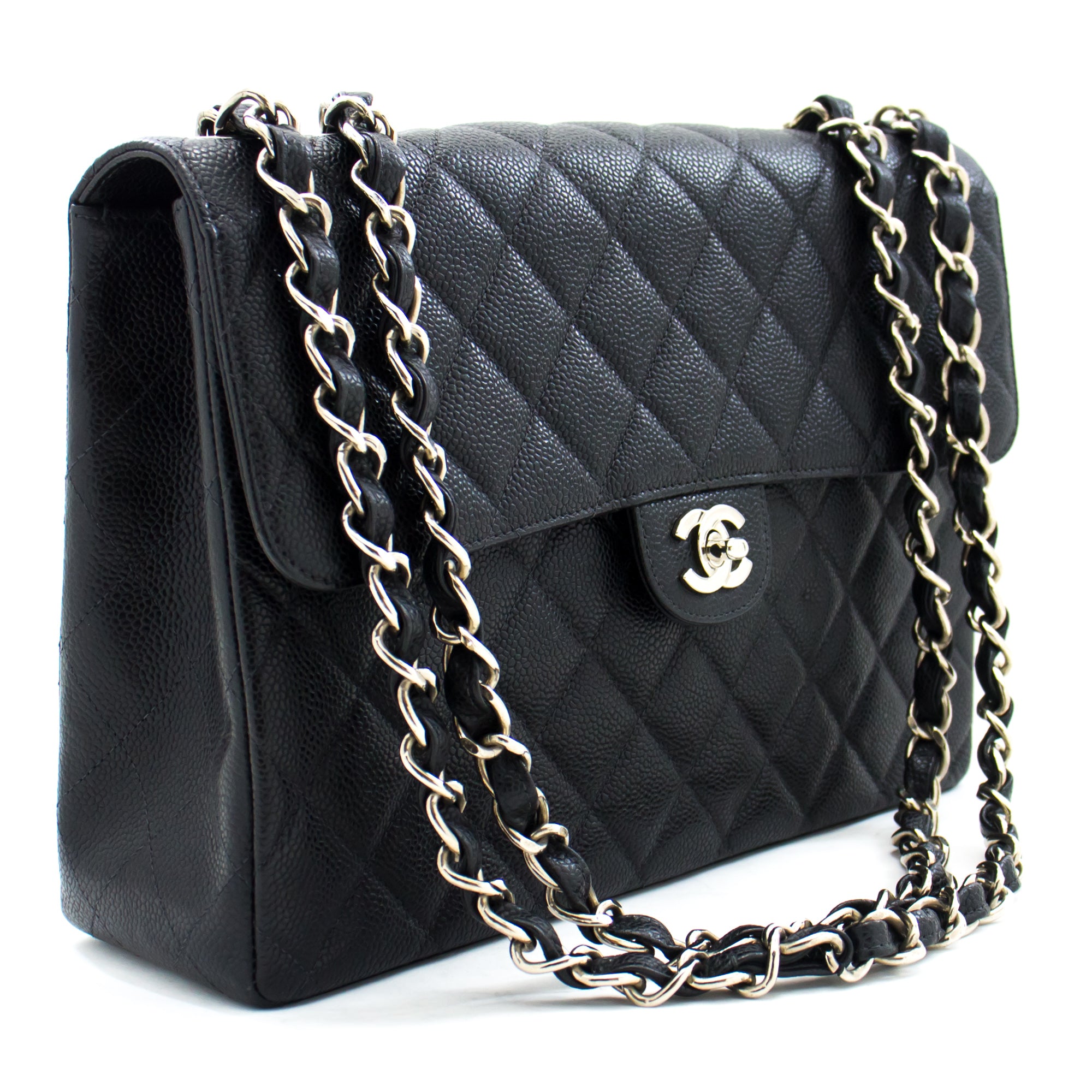 Chanel Classic Large 11 Chain Shoulder Bag Black Grained Calfskin H58