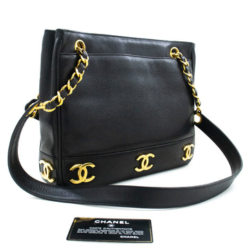 CHANEL Caviar Triple Coco Chain Shoulder Bag Black Leather Gold m25 hannari-shop