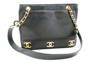 CHANEL Caviar Triple Coco Chain Shoulder Bag Black Leather Gold m25 hannari-shop