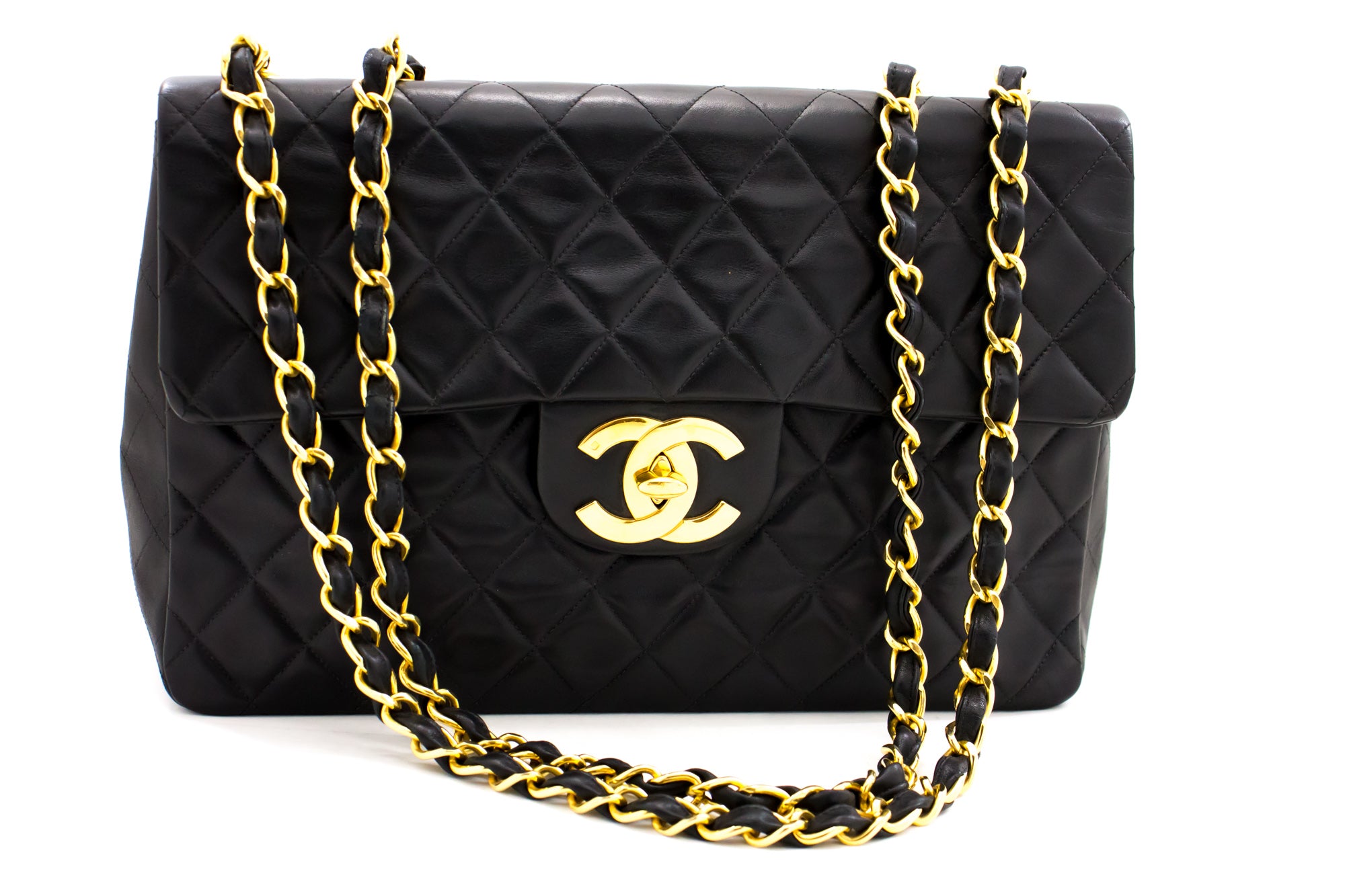 Chanel Jumbo 13 Maxi 2.55 Flap Chain Shoulder Bag Black Lambskin