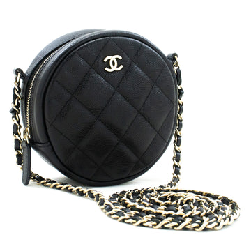 CHANEL Round Zip Caviar Small Chain Shoulder Bag Black Quilted m55 hannari-shop