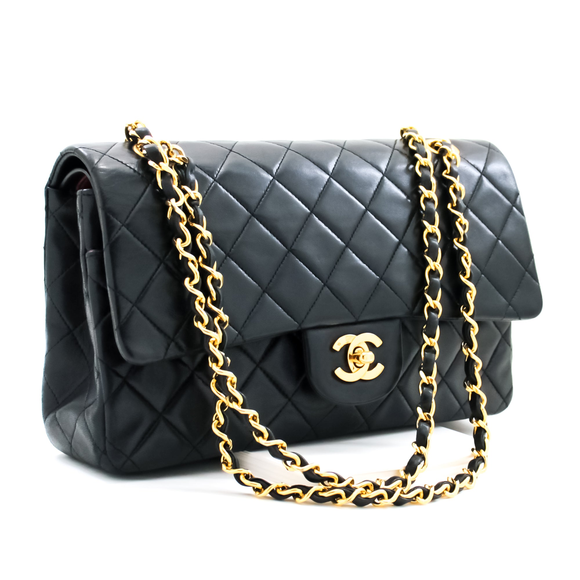 Chanel Classic Double Flap 10 Chain Shoulder Bag Black Lambskin i65