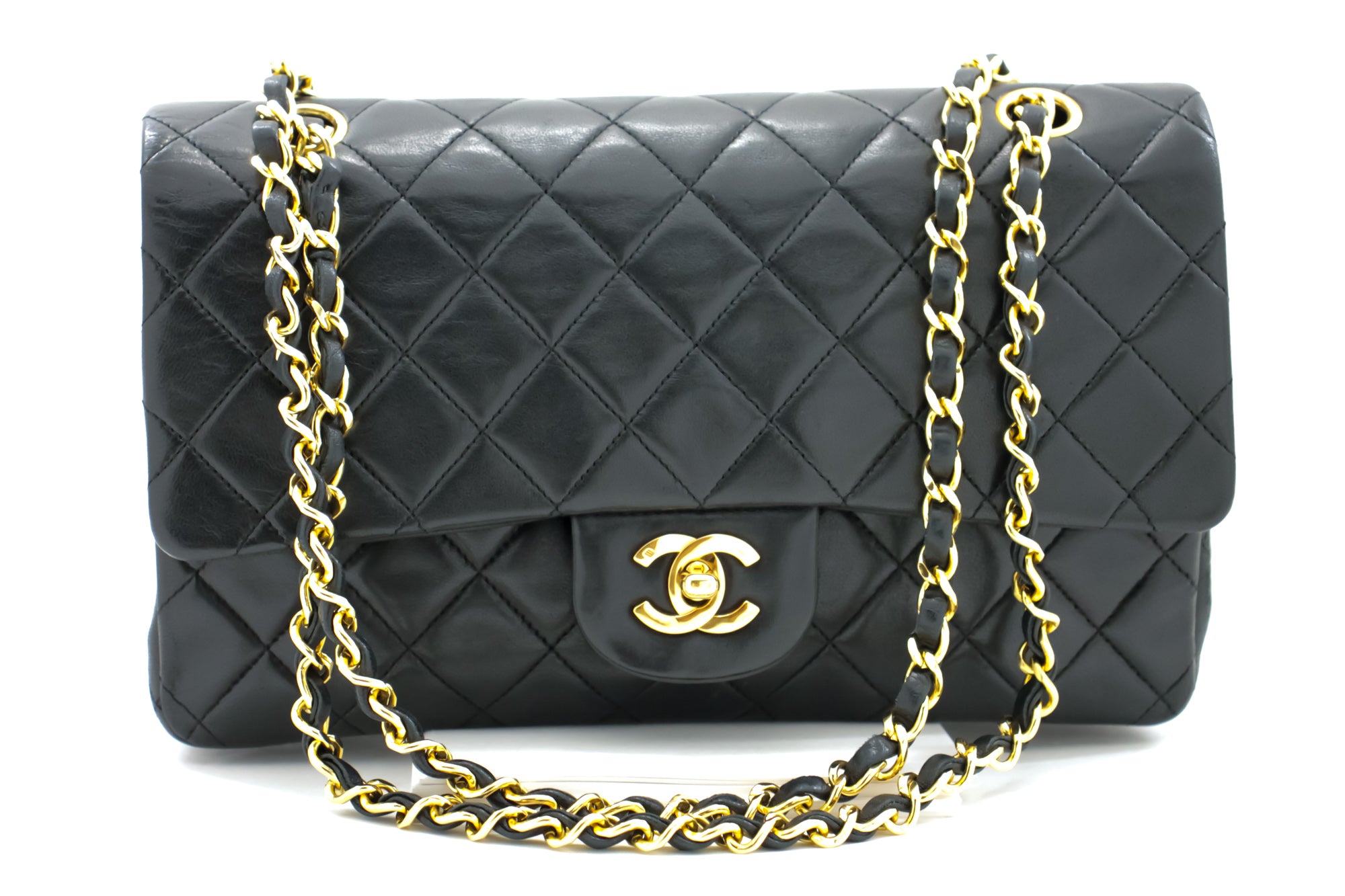 Chanel Classic Double Flap 10 Chain Shoulder Bag Black Lambskin i65