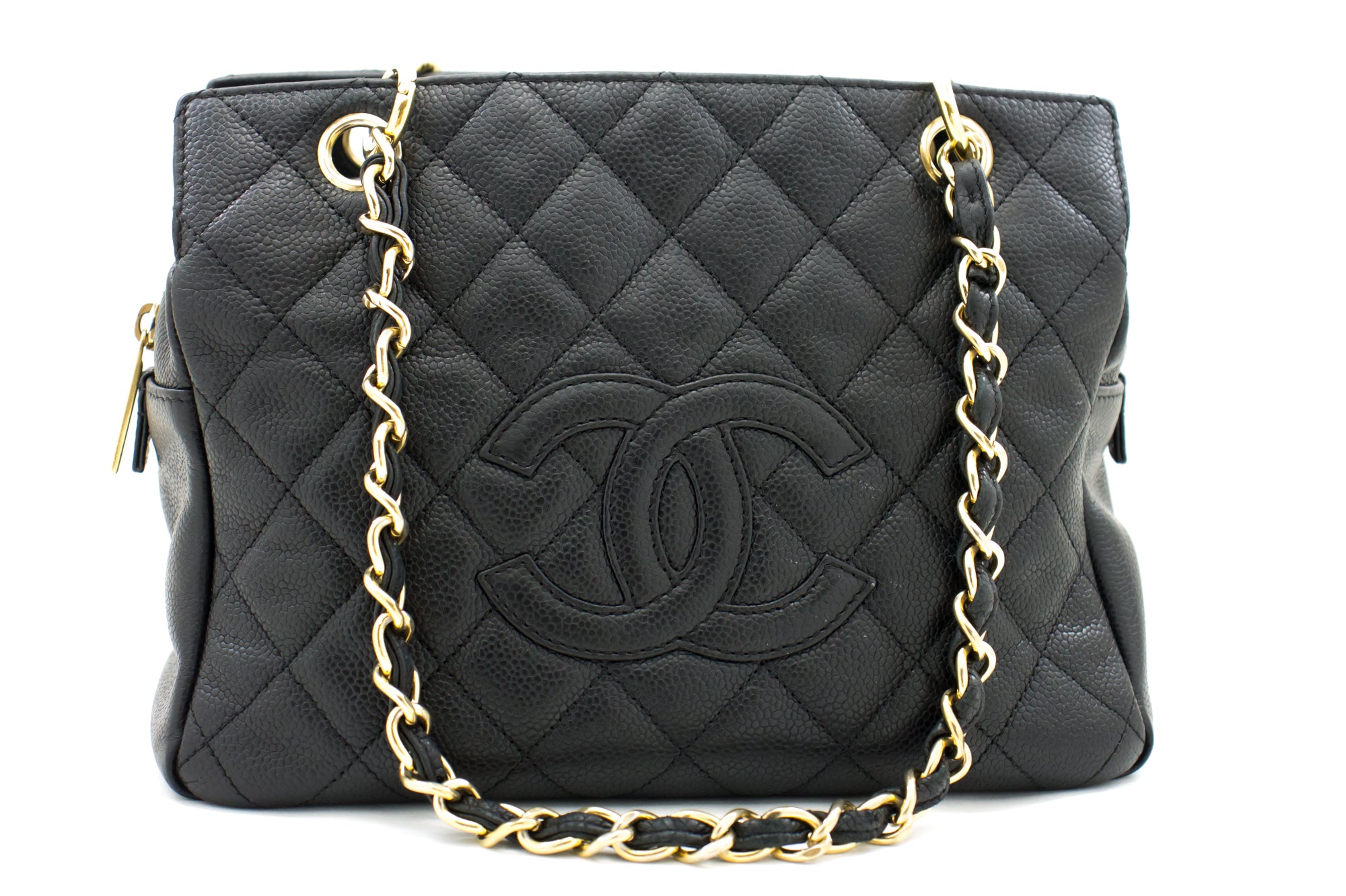 CHANEL Caviar Chain Shoulder Bag Shopping Tote Black Quilted i56 – hannari- shop