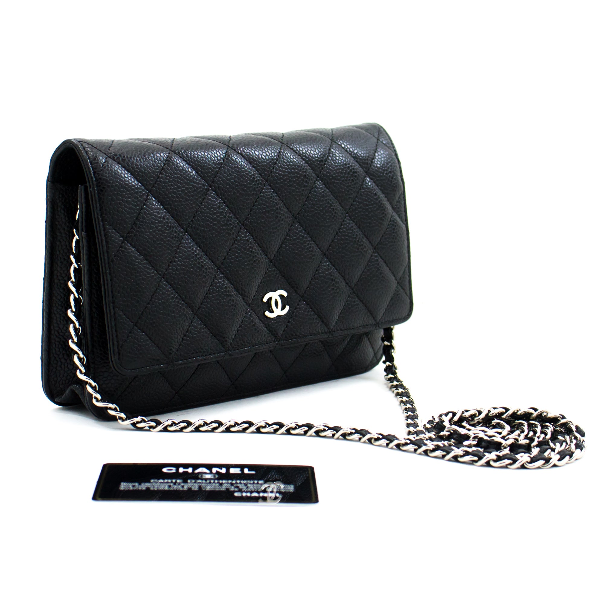 Chanel 22C Black Caviar Mini Wallet On Chain Gold Card Shoulder Crossbody  Bag