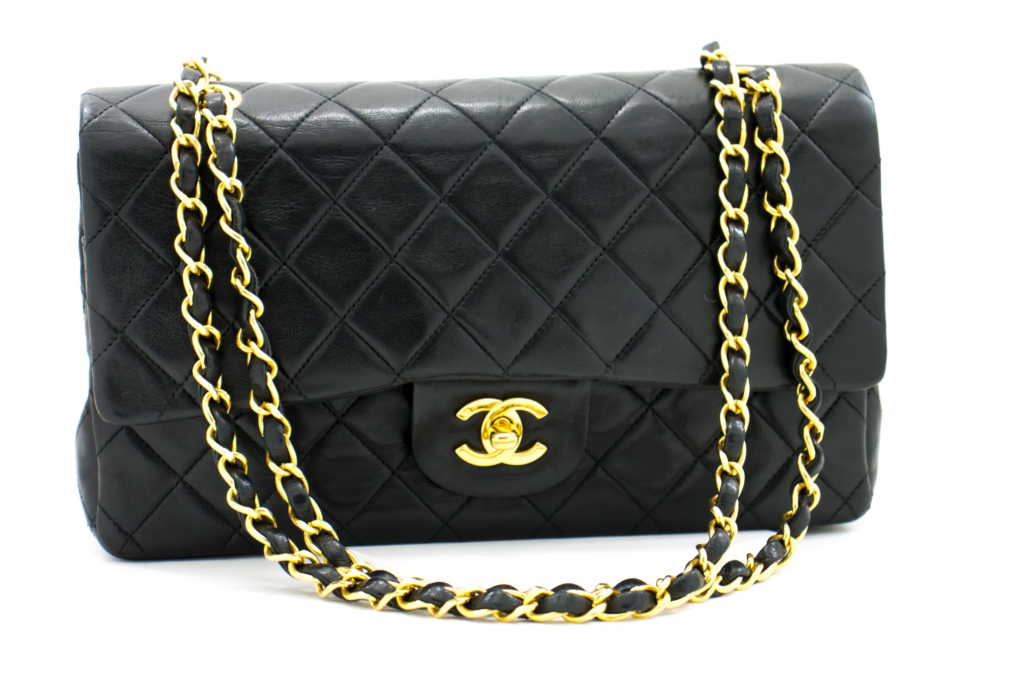 Chanel Classic Double Flap 10 Chain Shoulder Bag Black Lambskin i71