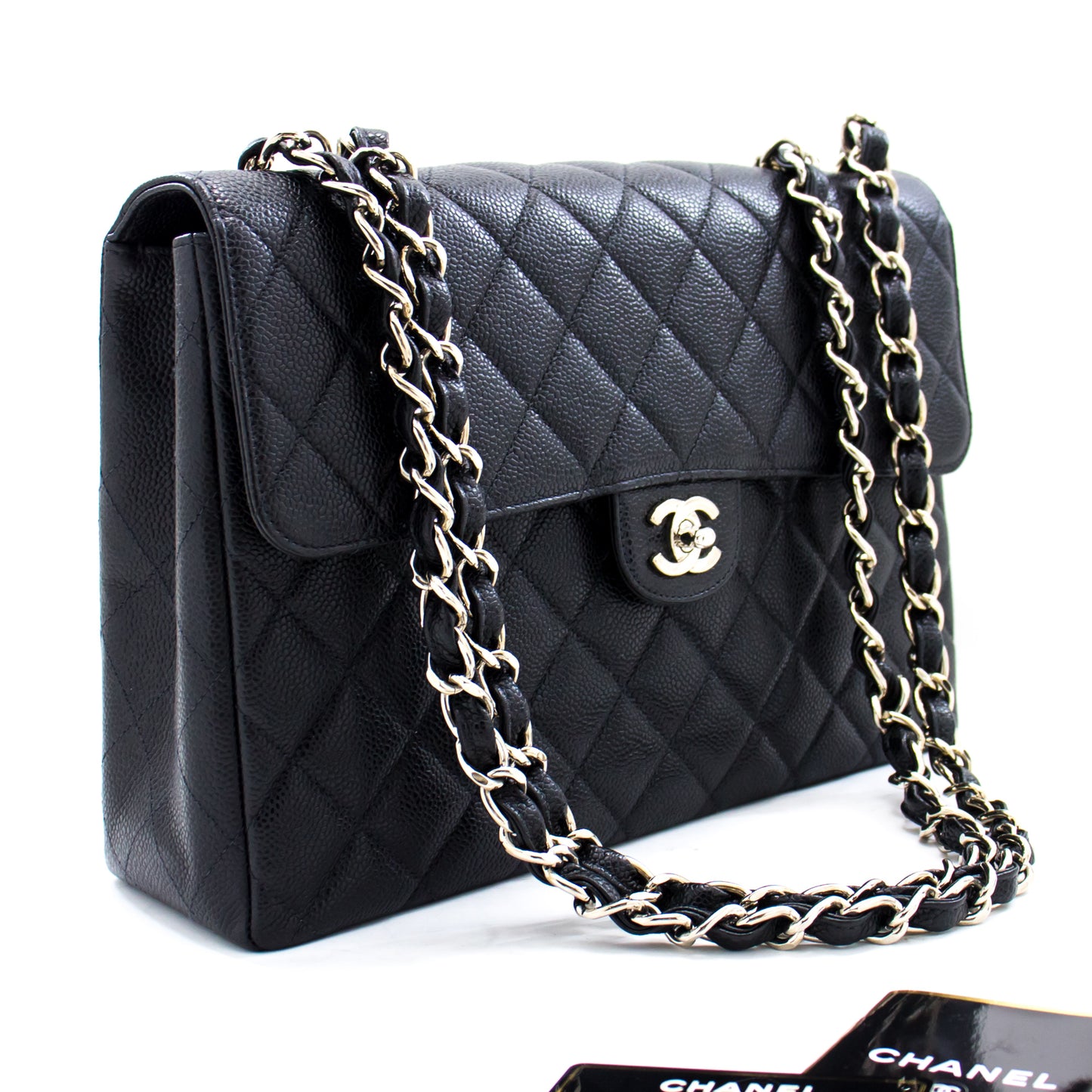 CHANEL Große Classic Handtasche mit Kettenriemen, Schultertasche, Klappe, Schwarz, Caviar-Leder g66 hannari-shop