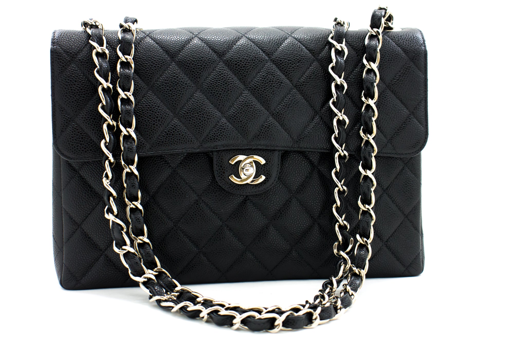 CHANEL Large Classic Handbag Chain Shoulder Bag Flap Black Caviar