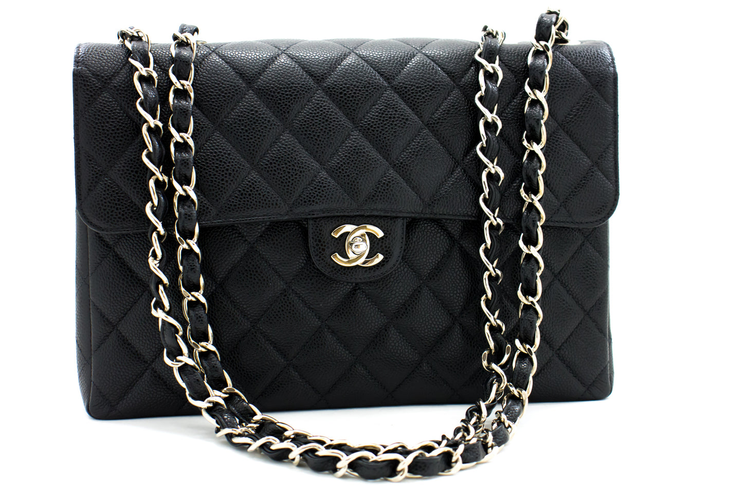 CHANEL Große Classic Handtasche mit Kettenriemen, Schultertasche, Klappe, Schwarz, Caviar-Leder g66 hannari-shop