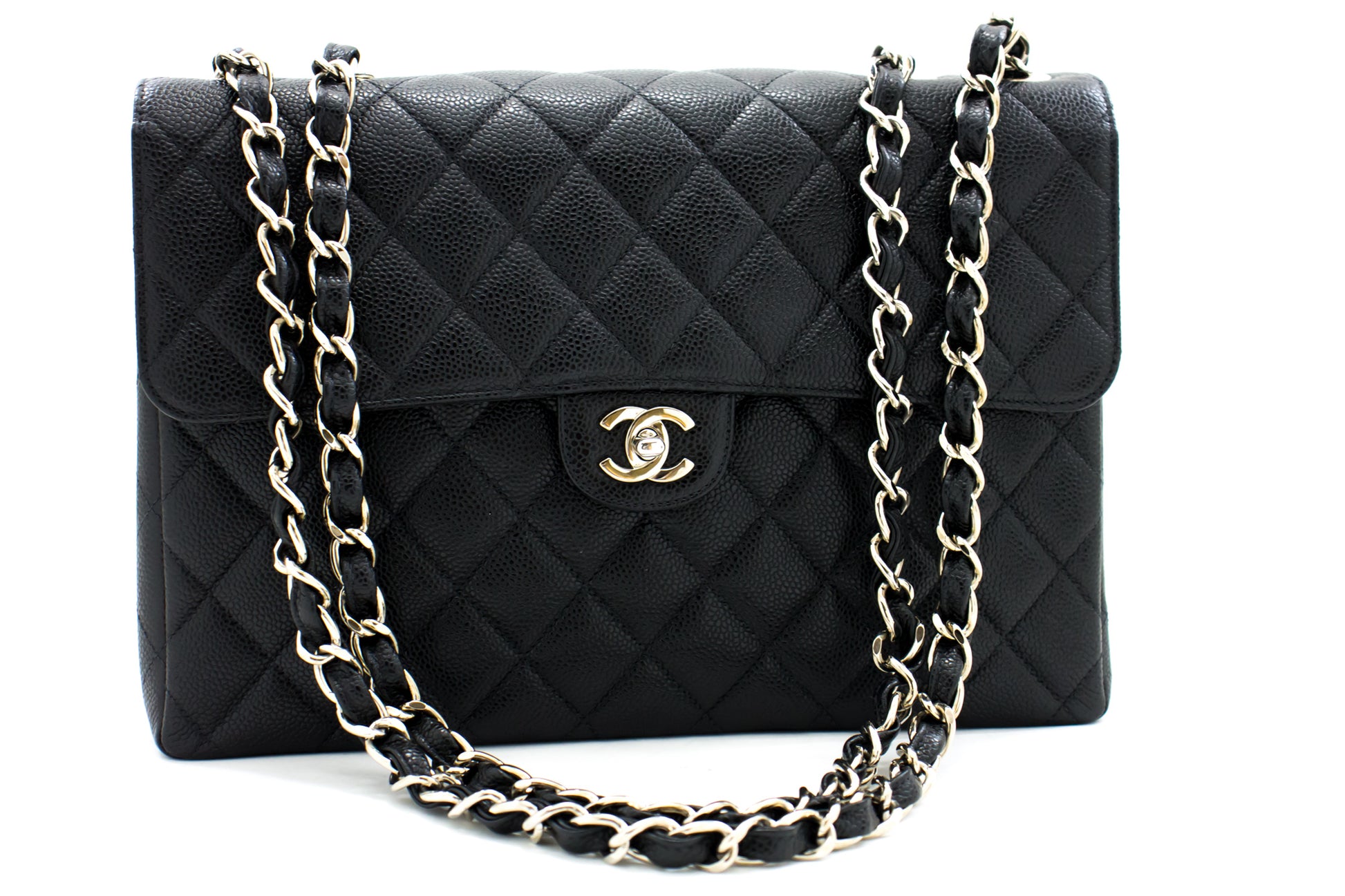 CHANEL Große Classic Handtasche mit Kettenriemen, Schultertasche, Klappe, Schwarz, Caviar-Leder g66 hannari-shop